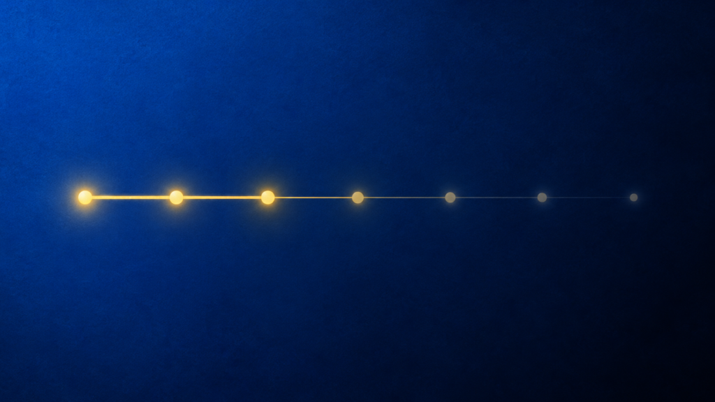 A timeline of seven glowing points fading from bright gold to almost nothing, showing AI tool adoption that quietly dies by week seven
