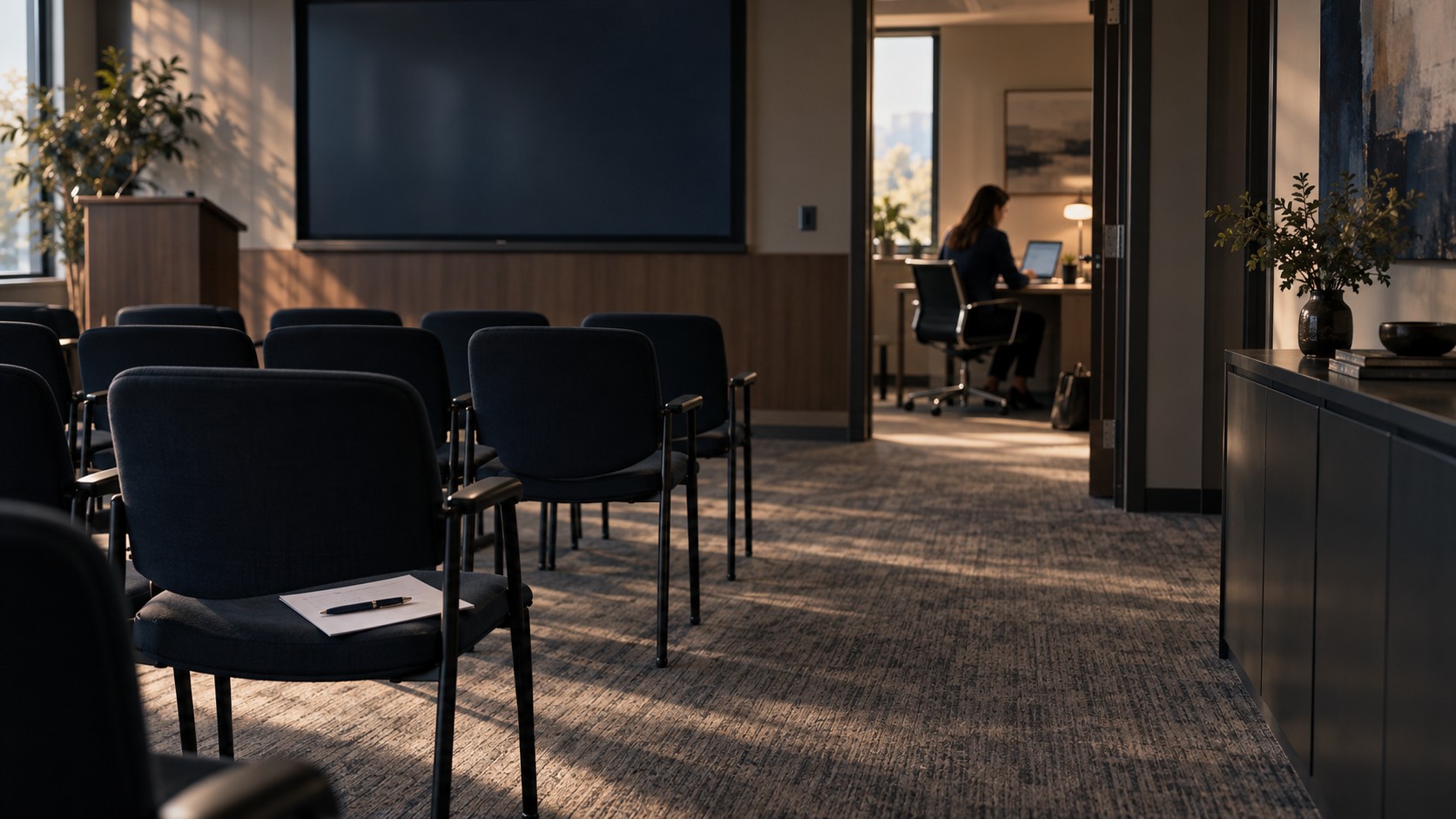An empty real estate training room after the session, one handout left on a chair, while through the doorway an agent is already back at her laptop