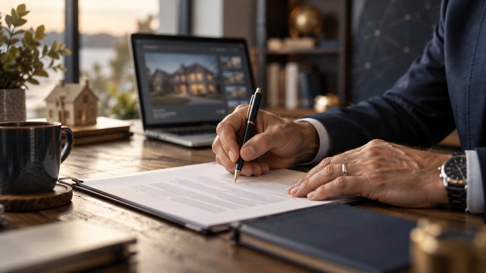 A seasoned agent marking up a printed contract by hand while a laptop beside them shows a property listing