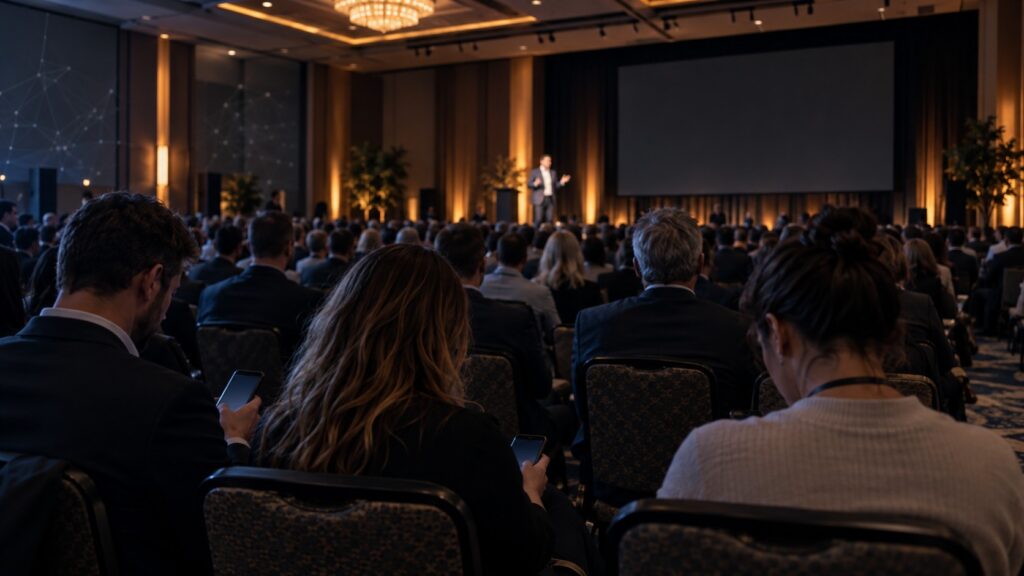 A packed hotel ballroom with a speaker on stage while attendees in the back rows look down at their phones
