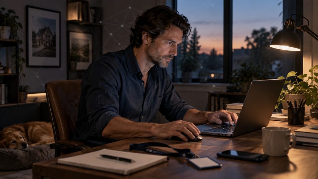 An agent working at a home office desk at dusk with a conference lanyard and badge set aside on the desk