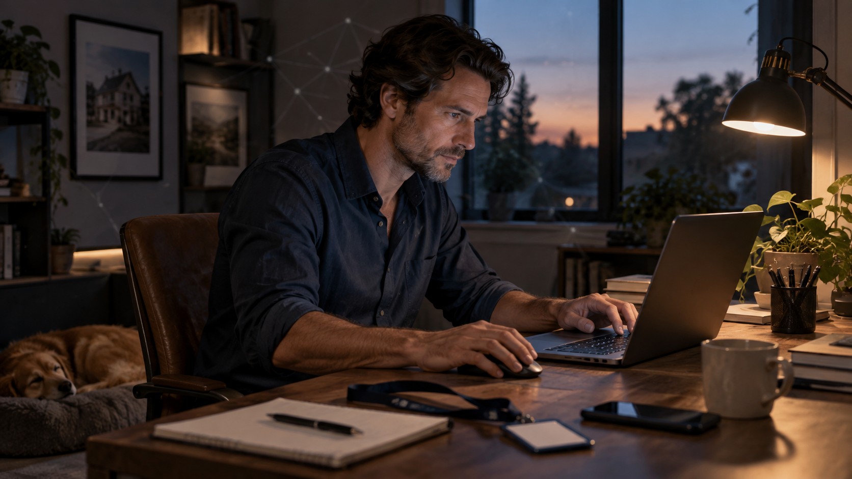 An agent working at a home office desk at dusk with a conference lanyard and badge set aside on the desk