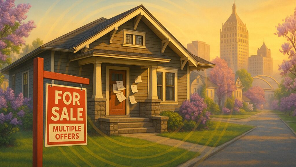 Rochester home with a For Sale sign reading multiple offers, cover for the Red-Hot Spring housing article