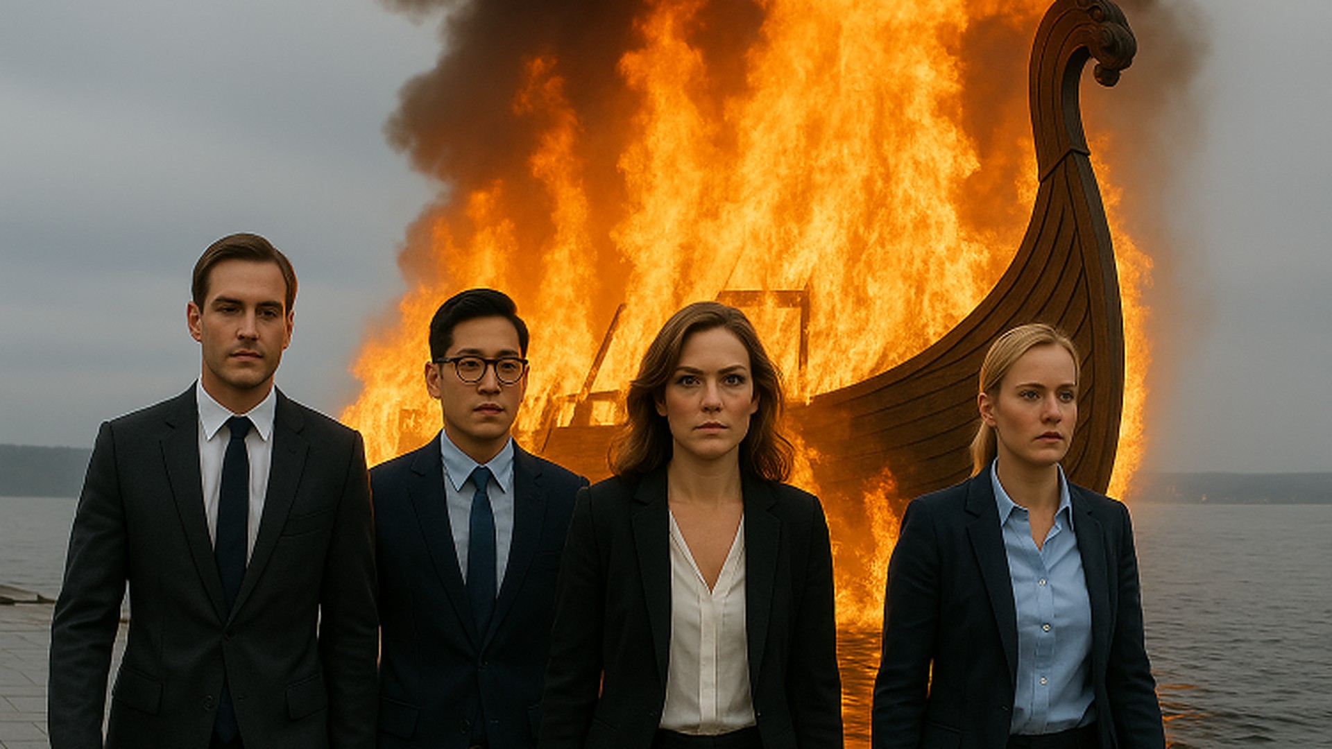 Burning ship behind four people in suits, cover for Burn the Boats