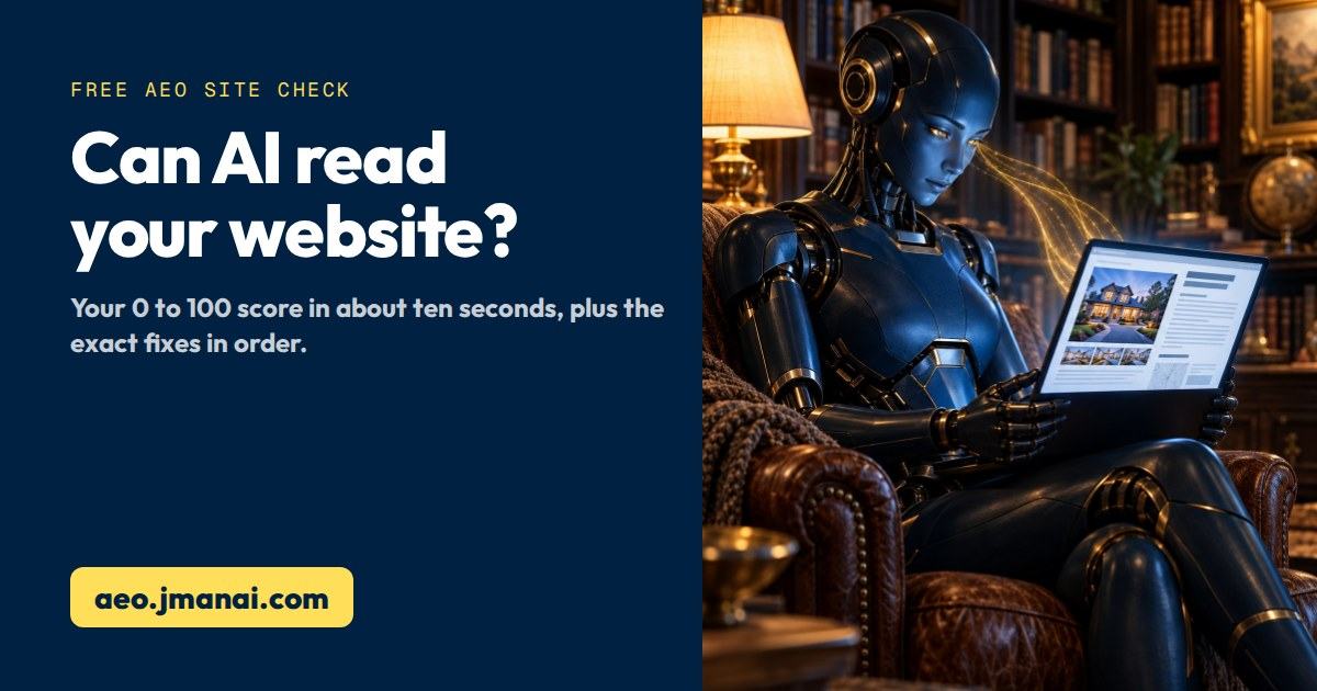 A robot reading a business website on a laptop. Can AI read your website?